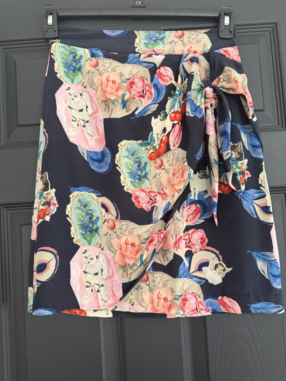 Rebekah Maysles for Anthropologie Navy Floral & Cat Print Faux Wrap Silk Skirt